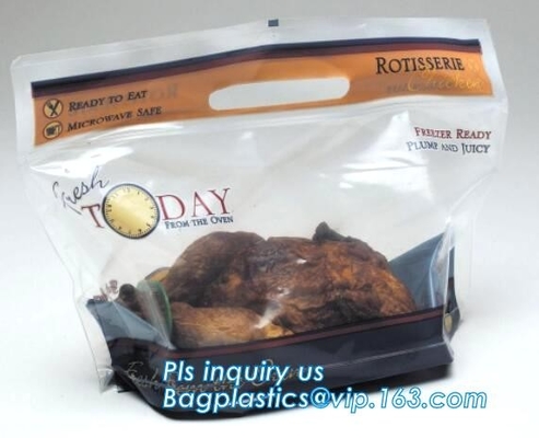 Biodegradable Stand Up Anti-Fog Hot Roast Chicken Zipper Bag Microwave Rotisserie Chicken Bag With Handle