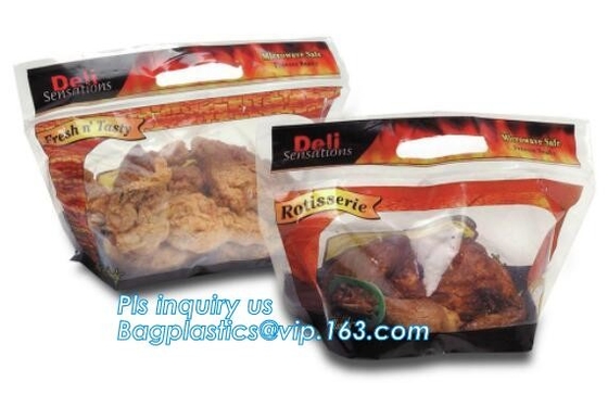 Biodegradable Stand Up Anti-Fog Hot Roast Chicken Zipper Bag Microwave Rotisserie Chicken Bag With Handle