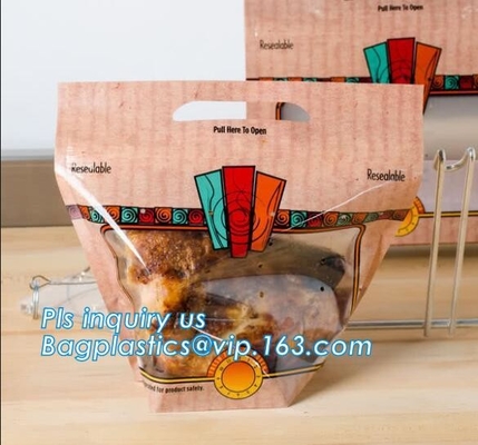 Biodegradable Stand Up Anti-Fog Hot Roast Chicken Zipper Bag Microwave Rotisserie Chicken Bag With Handle