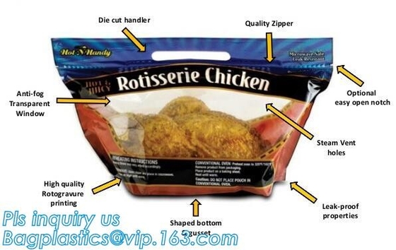 Biodegradable Stand Up Anti-Fog Hot Roast Chicken Zipper Bag Microwave Rotisserie Chicken Bag With Handle