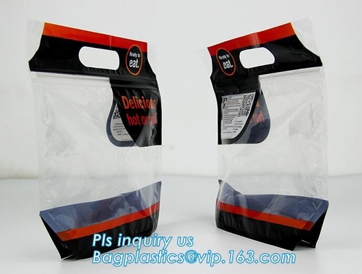Custom Printed Zip lockk Handle Bags, Stand Up Pouch with Clear Window, Rotisserie Fried Chicken Packing