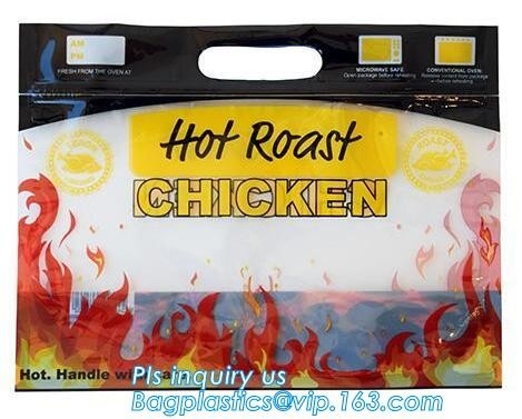 Custom Printed Zip lockk Handle Bags, Stand Up Pouch with Clear Window, Rotisserie Fried Chicken Packing