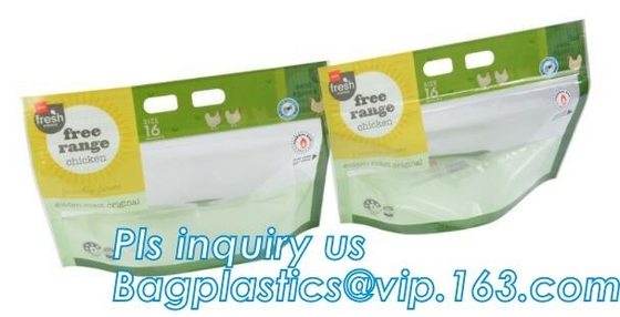 Custom Printed Zip lockk Handle Bags, Stand Up Pouch with Clear Window, Rotisserie Fried Chicken Packing