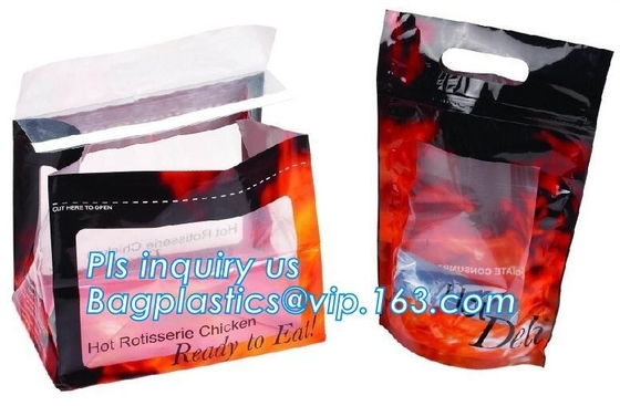 Custom Printed Zip lockk Handle Bags, Stand Up Pouch with Clear Window, Rotisserie Fried Chicken Packing