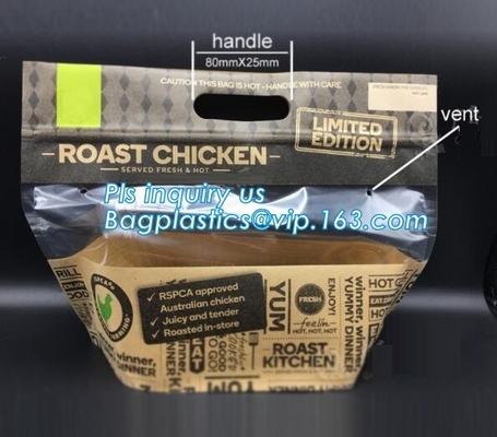 Custom Printed Zip lockk Handle Bags, Stand Up Pouch with Clear Window, Rotisserie Fried Chicken Packing