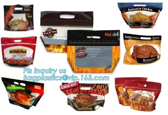 Custom Printed Zip lockk Handle Bags, Stand Up Pouch with Clear Window, Rotisserie Fried Chicken Packing
