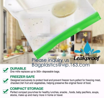 PEVA, Silicone, Reusable Storage Resealable Freezer Food Bags, Leak Proof Zip lockk Airtight lunch Container