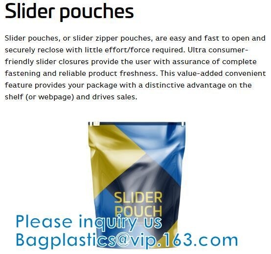 Slider Pouch Bags, Flat bottom, Square bottom, round bottom, zip top, slider top, toy packaging