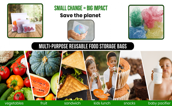 PEVA, Silicone, Reusable Storage Resealable Freezer Food Bags, Leak Proof Zip lockk Airtight lunch Container 6